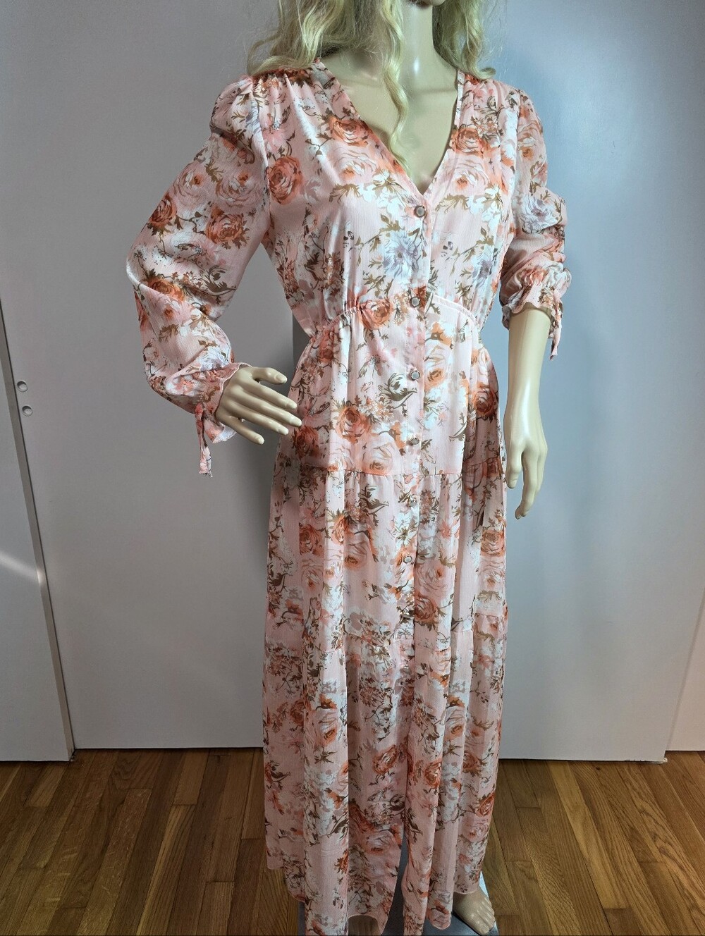 OZBLUE Women's Floral Print Button-Front V-Neck Tiered Maxi Dress